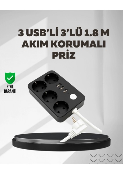 4.1A Hızlı Şarjlı Akım Korumalı 4 Priz ve 3 USB Çıkışlı Priz