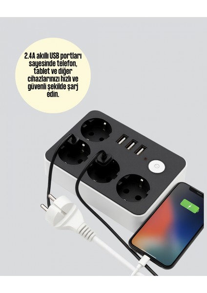 4.1A Hızlı Şarjlı Akım Korumalı 4 Priz ve 3 USB Çıkışlı Priz modelleri