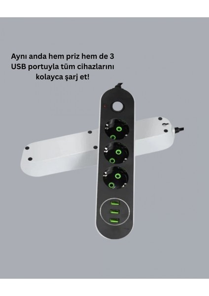 USB Yuvalı Anahtarlı Üçlü Priz 2 Metre Kablolu fiyatları