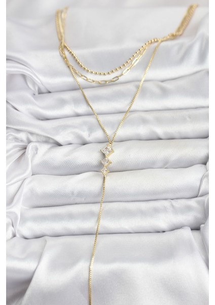 Pirinç Gold Renk Zirkon Taş Detaylı 3'lü Kombin Y Kadın Kolye fiyatları