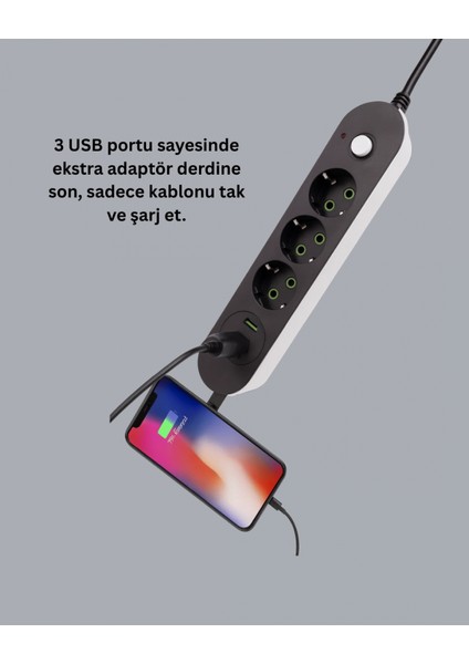 2 Metre Kablolu 3 USB Portlu Anahtarlı Üçlü Priz indirimleri