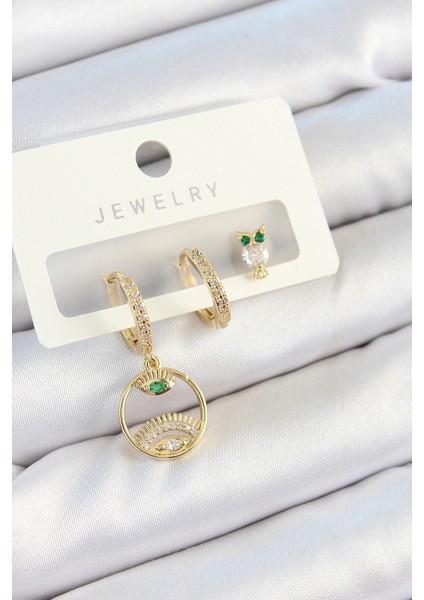 Pirinç Zirkon Taşlı Göz ve Baykuş Model Gold Renk 3'lü Çift Kadın Küpe Set