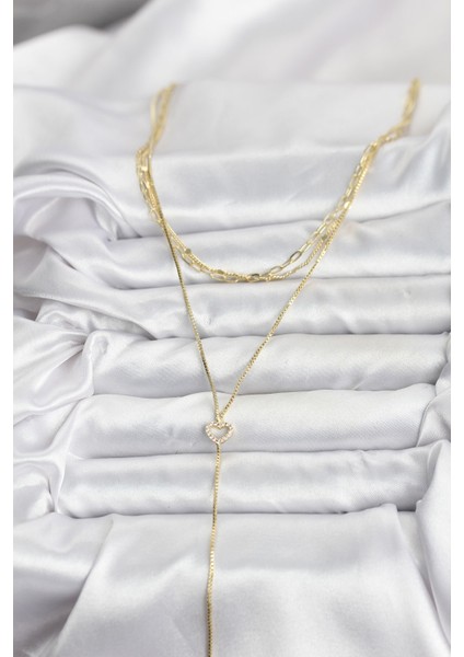 Pirinç Gold Renk Kalp Detaylı 3'lü Kombin Y Kadın Kolye fiyatları