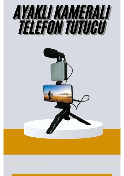 Tripod Telefon Tutucu Kumandalı Mikrofon LED Işık Vlog Video Kayıt