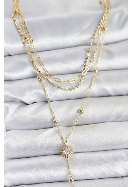 Pirinç Gold Renk Güneş Model Detaylı 3'lü Kombin Y Kadın Kolye