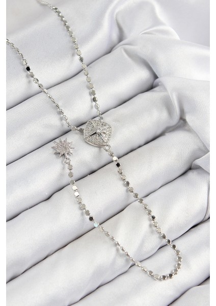 Pirinç Zirkon Taşlı Ezme Zincirli Madalyon Model Gümüş Renk Y Kolye