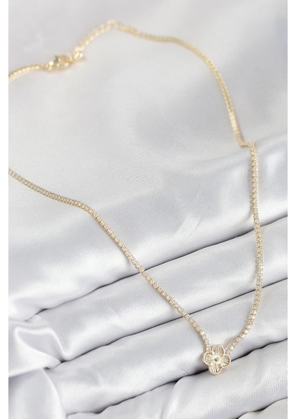 Pirinç Zirkon Taşlı Yonca Model Gold Renk Kadın Kolye fiyatları