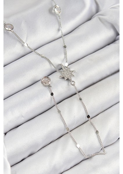 Pirinç Zirkon Taşlı Kutup Yıldızı Model Gümüş Renk Y Kolye