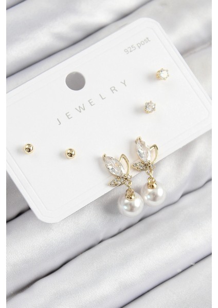 Pirinç Zirkon Taşlı Inci Sallantılı Damla Model Gold Renk 925 Ayar Gümüş Çivi Kadın Küpe Set