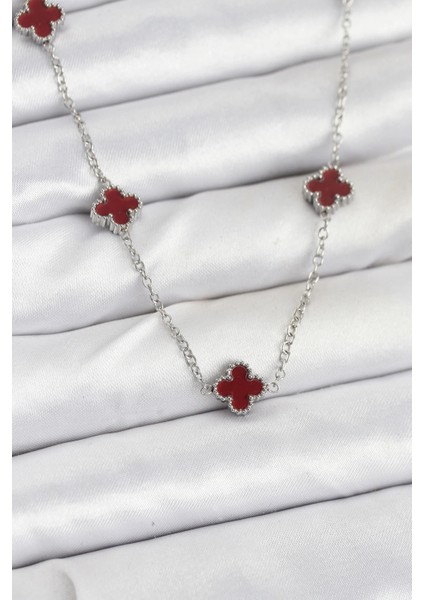 316L Çelik Zincir Gümüş Renk Bordo Baby Boy Yonca Kadın Kolye