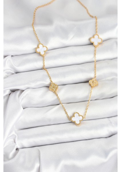 316L Çelik Zincir Gold Renk Beyaz ve Zirkon Taşlı Yonca Kadın Kolye fiyatları