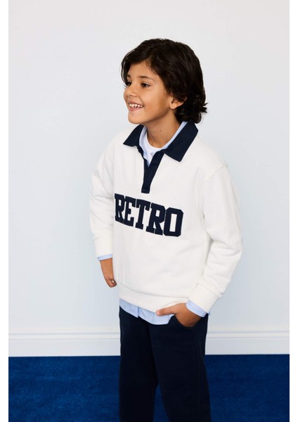 Erkek Çocuk Oversize Geniş Kalıp Polo Yaka Baskılı Selanik Kumaş Sweatshirt G4386A825WN