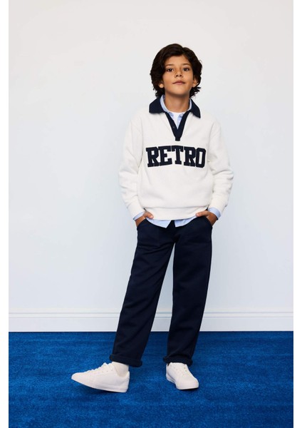 Erkek Çocuk Oversize Geniş Kalıp Polo Yaka Baskılı Selanik Kumaş Sweatshirt G4386A825WN fiyatları