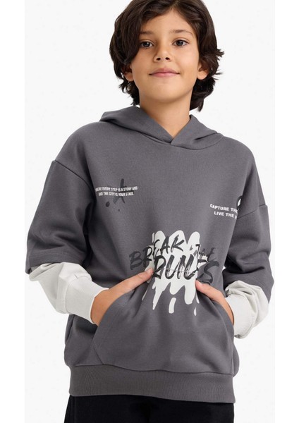 Erkek Çocuk Kapüşonlu Baskılı İçi Yumuşak Tüylü Sweatshirt G5558A825CW