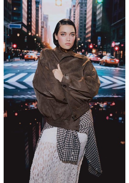 Afra x DeFacto Dad Fit Polo Yaka Fermuarlı Süet Ceket F9502AX26SP