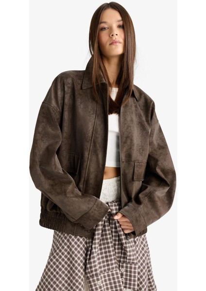 Afra x DeFacto Dad Fit Polo Yaka Fermuarlı Süet Ceket F9502AX26SP fırsatları