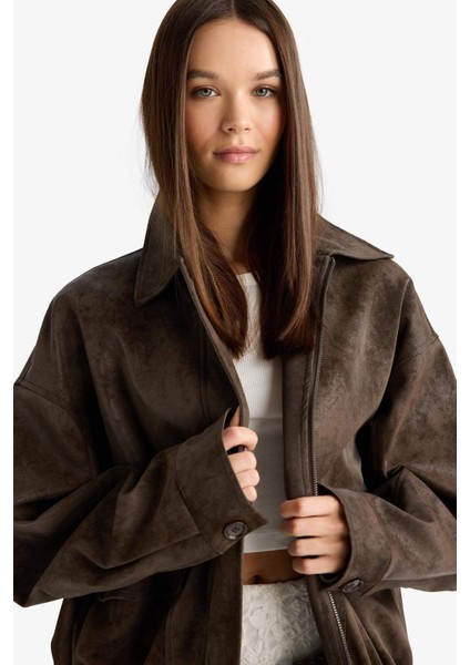 Afra x DeFacto Dad Fit Polo Yaka Fermuarlı Süet Ceket F9502AX26SP