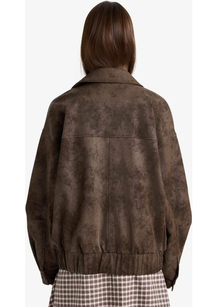 Afra x DeFacto Dad Fit Polo Yaka Fermuarlı Süet Ceket F9502AX26SP