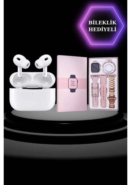 3 Kordonlu Pembe Amoled Ekran Akıllı Saat ve Yeni Nesil Pro Kablosuz Bluetooth Kulaklık Anc/enc modelleri