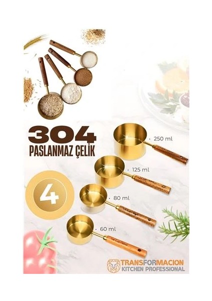 4 Lü Ölçü Kabı 304 Paslanmaz Çelik Masif Ahşap Saplı