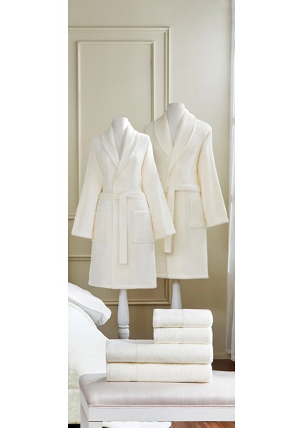 Çiçek Diyarı Aile Bornoz Seti 6 Parça Krem-Krem