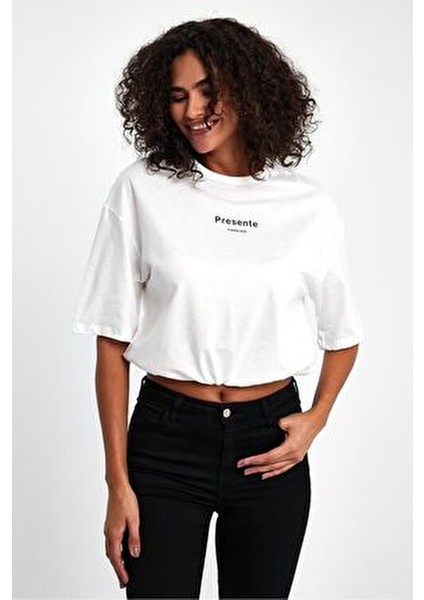 Kadın Büzgülü Crop Bluz %100 Pamuk Bisiklet Yaka Truvakar Kol