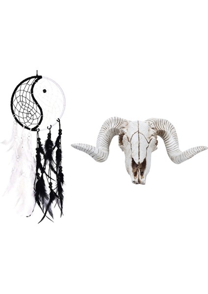 Yin Yang Dream Catcher Dairesel Ağ Tüyler ve Reçine Koyun Baş Kafatası Baş Duvarı Asılı 3D Hayvan Longhorn (Yurt Dışından)