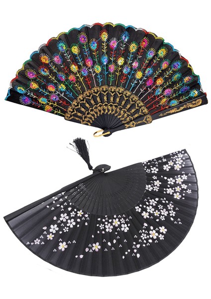Renkli Işlemeli Çiçek Deseni Siyah Bez Katlanır Kadın ve Bambu Ipek 8 27 Inç (21CM) Katlanır Fan (Yurt Dışından)