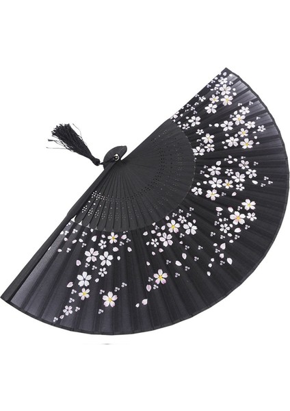 Renkli Işlemeli Çiçek Deseni Siyah Bez Katlanır Kadın ve Bambu Ipek 8 27 Inç (21CM) Katlanır Fan (Yurt Dışından) indirimleri