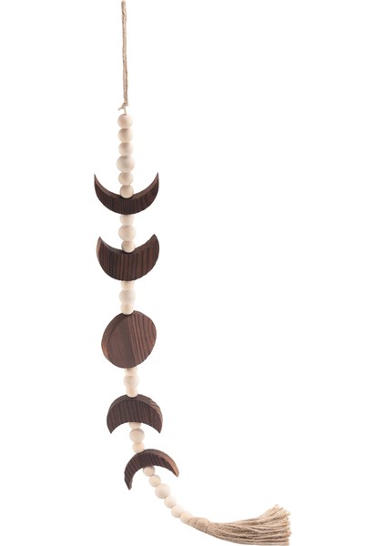 Ahşap Ay Faz Duvar Asma Boho Farmhouse Boncuklu Ay Çelenk Püskül Duvar Dekoru Kahverengi (Yurt Dışından)