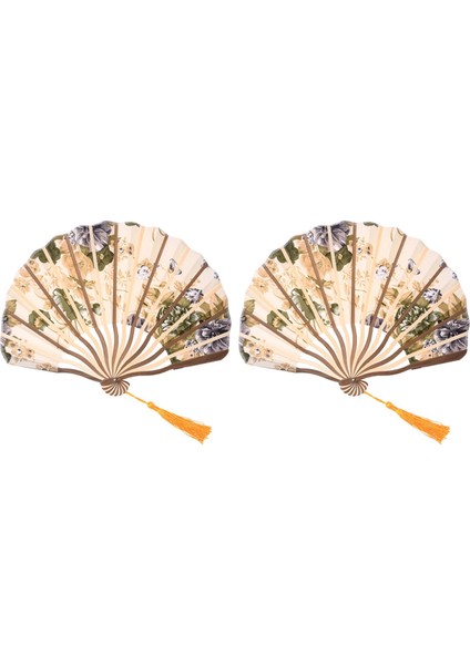 2x Klasik Tarzı Şakayık Çiçek Kumaş Bambu Katlanır Dans El Fan Bej (Yurt Dışından)