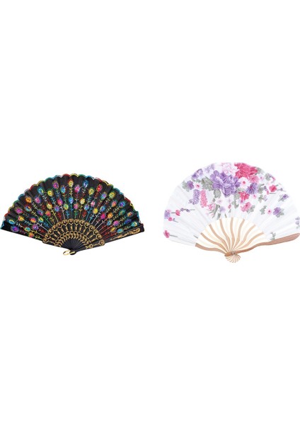 Renkli Işlemeli Çiçek Desen Siyah Kumaş Katlanır Kadın ve Bambu Çiçek Baskılı Japon Stil (Yurt Dışından)