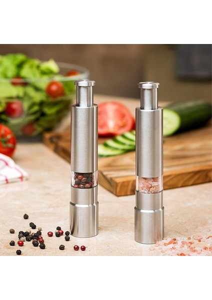 2pcs Manuel Tuz ve Biber Öğütücü Seti Paslanmaz Çelik Itme Düğmesi Öğütücü Karabiber Için Öğütücü Öğütücü (Yurt Dışından) indirimleri