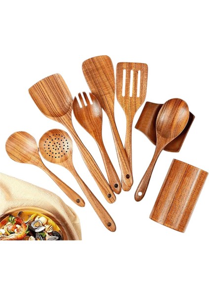 9 Adet, Mutfak Aleti Tutucu Tik Ahşap Mutfak Eşyaları ile Yemek Pişirmek Için Ahşap Eşyalar Pişirmek Için Doğal Ahşap Kaşıklar (Yurt Dışından)