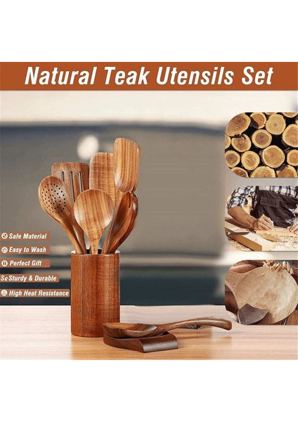 9 Adet, Mutfak Aleti Tutucu Tik Ahşap Mutfak Eşyaları ile Yemek Pişirmek Için Ahşap Eşyalar Pişirmek Için Doğal Ahşap Kaşıklar (Yurt Dışından) fırsatları