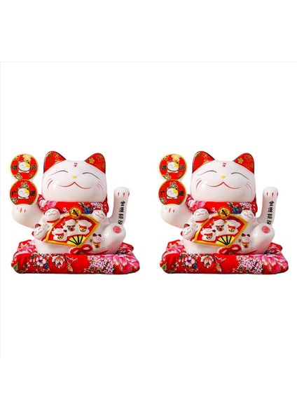 2x 7inch Seramik Çağıran Kedi Maneki Neko Süs Feng Shui Dekorasyon Salıncak Şanslı Kedi C (Yurt Dışından)