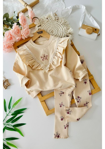 Yaka Volan Detaylı Işlemeli Çiçekli Taytlı Kız Çocuk takım - Krem