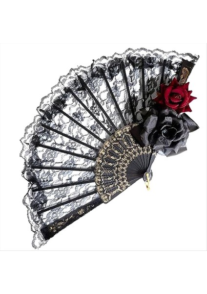 Cadılar Bayramı Siyah El Fan Dantel Gül El Taşıyıcı Vintage Retro Çiçek Katlanır Fan Kadın Prop Süslemeleri (Yurt Dışından) fiyatları
