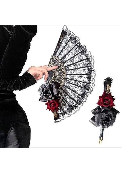 Cadılar Bayramı Siyah El Fan Dantel Gül El Taşıyıcı Vintage Retro Çiçek Katlanır Fan Kadın Prop Süslemeleri (Yurt Dışından) indirimleri