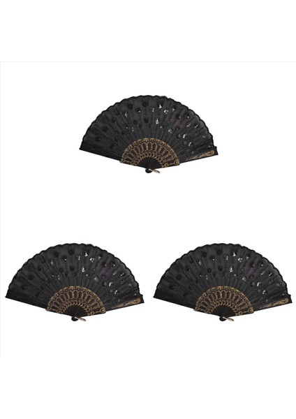 3x Siyah Plastik Çerçeve Nakış Çiçek Detay Katlanır El Fan (Yurt Dışından)