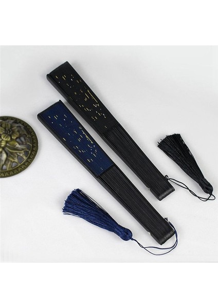 Klasik Yıldızlı Ipek Katlanır Fan Çin Japon Kumaş Bambu Katlanır Dans El Fanı (Siyah) (Yurt Dışından)