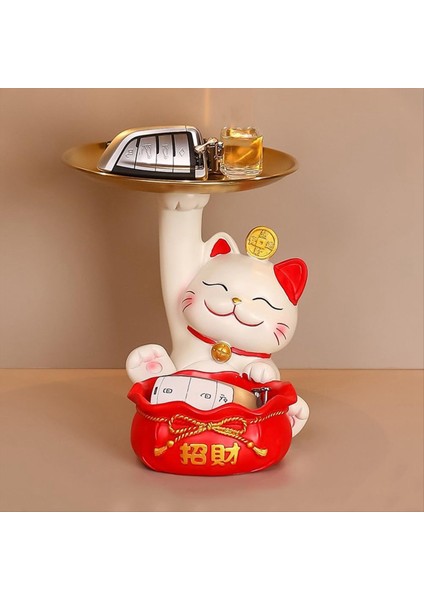 Fortune Cat Heykeli Reklam Öğeleri Sevimli Servet Kedi Tepsisi Reçine Fortune Kedi Heykeli Yemek Servet Kedi Anahtar Depolama Tepsisi B (Yurt Dışından) modelleri