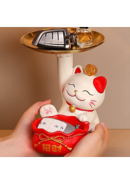 Fortune Cat Heykeli Reklam Öğeleri Sevimli Servet Kedi Tepsisi Reçine Fortune Kedi Heykeli Yemek Servet Kedi Anahtar Depolama Tepsisi B (Yurt Dışından) indirimleri