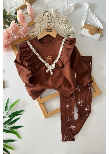 Yaka Volan Detaylı Işlemeli Çiçekli Taytlı Kız Çocuk takım - Acı Kahve