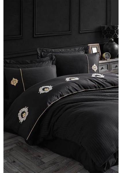 Elegant Nakışlı Pamuk Saten Çift Kişilik Nev Takımı Olimpos Siyah
