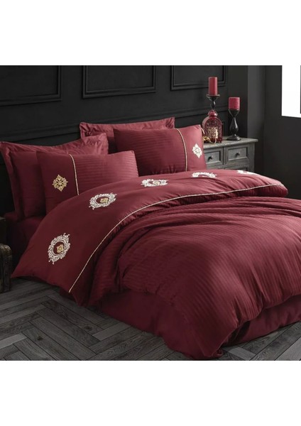 Elegant Nakışlı Pamuk Saten Çift Kişilik Nev Takımı Olimpos Bordo