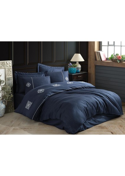 Elegant Nakışlı Pamuk Saten Çift Kişilik Nev Takımı Zeugma Lacivert