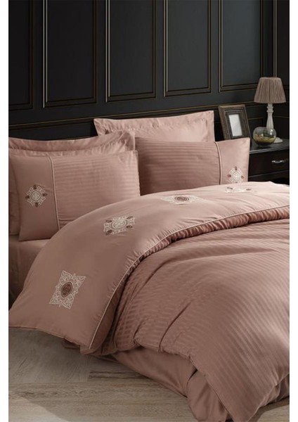 Elegant Nakışlı Pamuk Saten Çift Kişilik Nev Takımı Zeugma Kahve