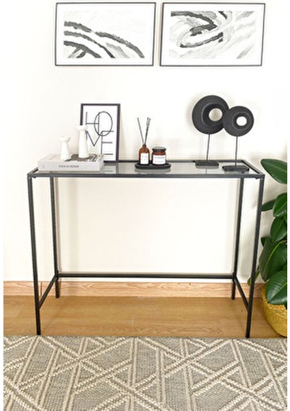 Metal Dresuar Siyah Renkli Şeffaf Camlı Modern Tasarım 100x30x78 cm