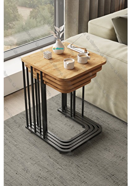 Orkide Tekerlekli 4'lü Zigon Sehpa Modern MDF Malzeme ile Siyah ve Ceviz Renk